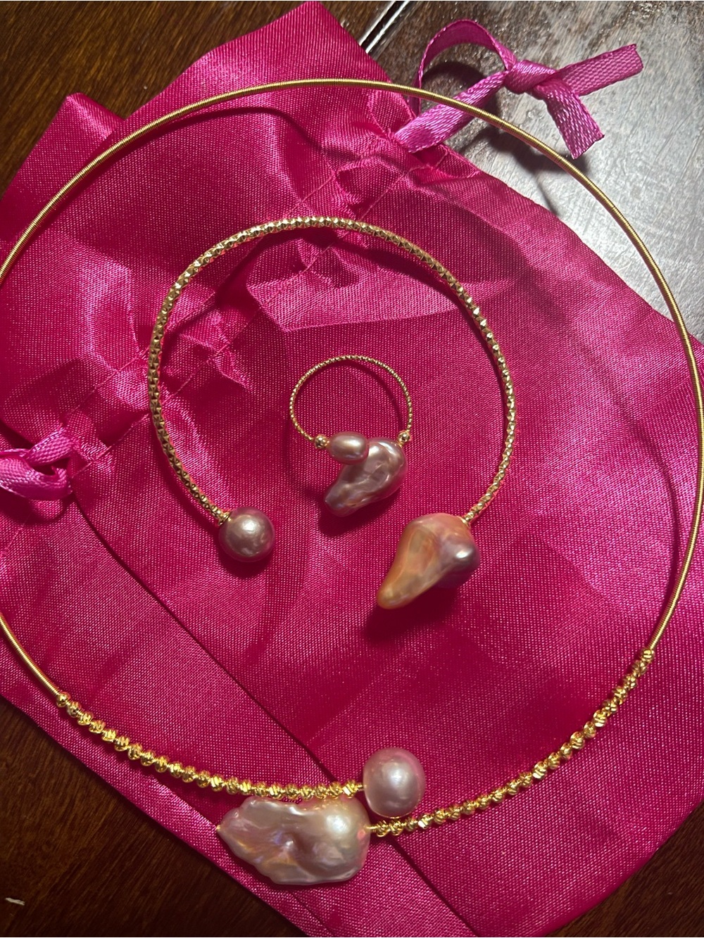 Gold-Tone Purple  Baroque Pearl (Omega) NecklaceBracelet & Ring Set
